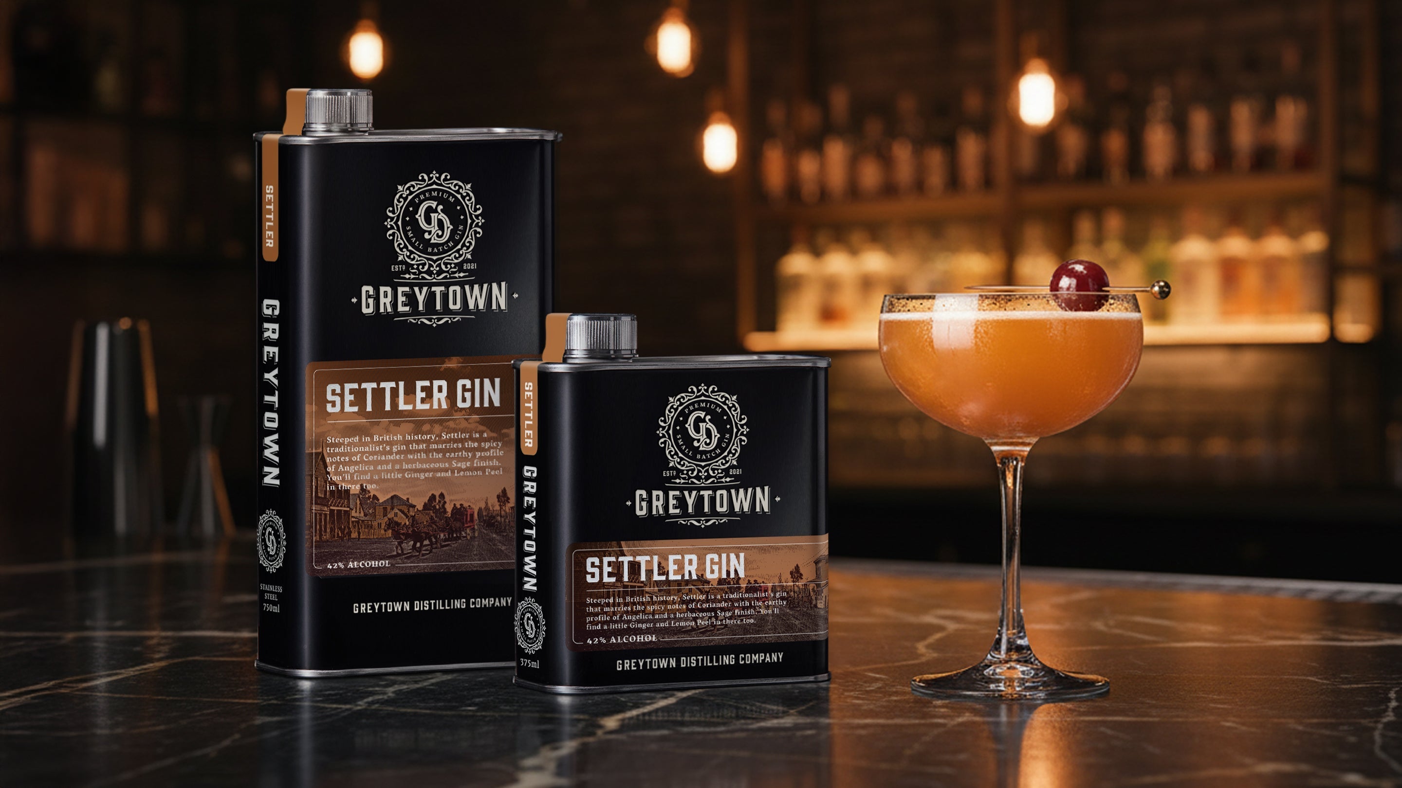 Greytown Distilling Co. Settler premium gin in 375ml and 750ml stainless steel flasks - buy New Zealand spirits online for your best cocktail recipes