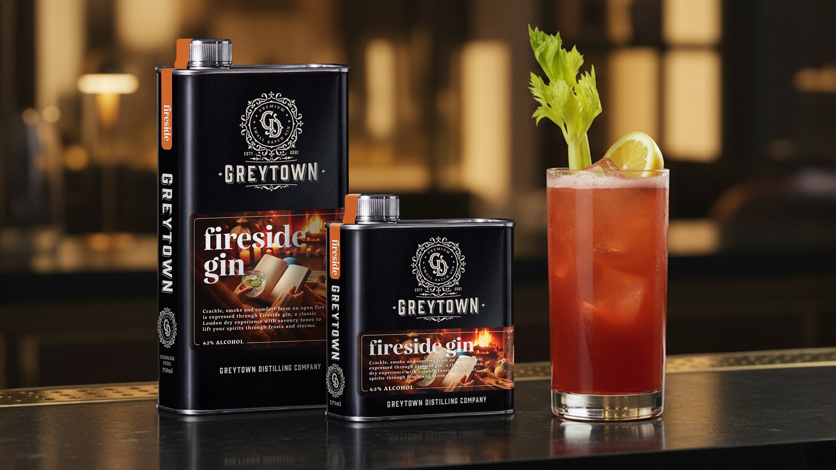 Greytown Distilling Co Fireside premium gin in 375ml and 750ml stainless steel flasks - buy New Zealand spirits online for your best cocktail recipes
