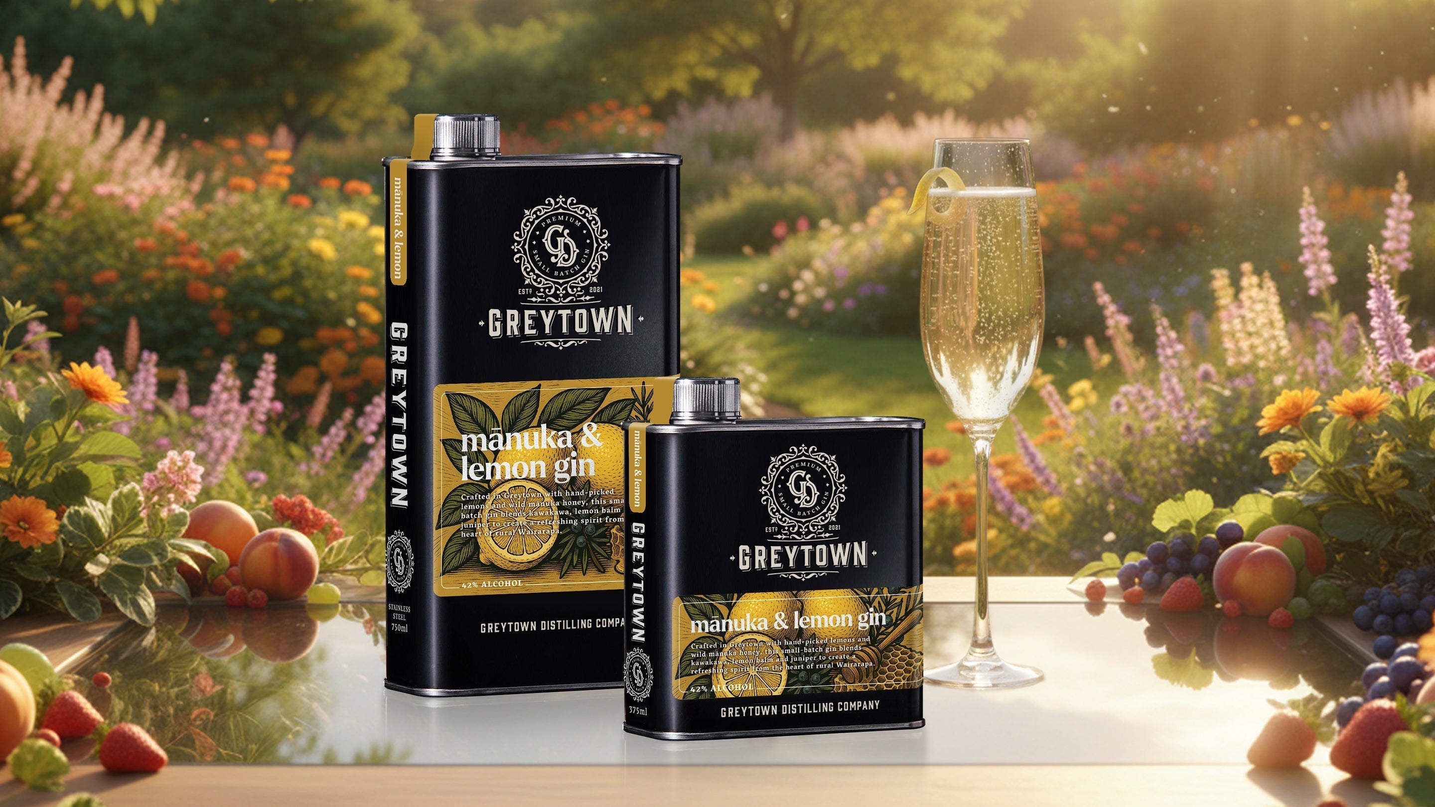 Greytown Distilling Co. Manuka & Lemon premium gin in 375ml and 750ml stainless steel flasks - buy New Zealand spirits online for your best cocktail recipes