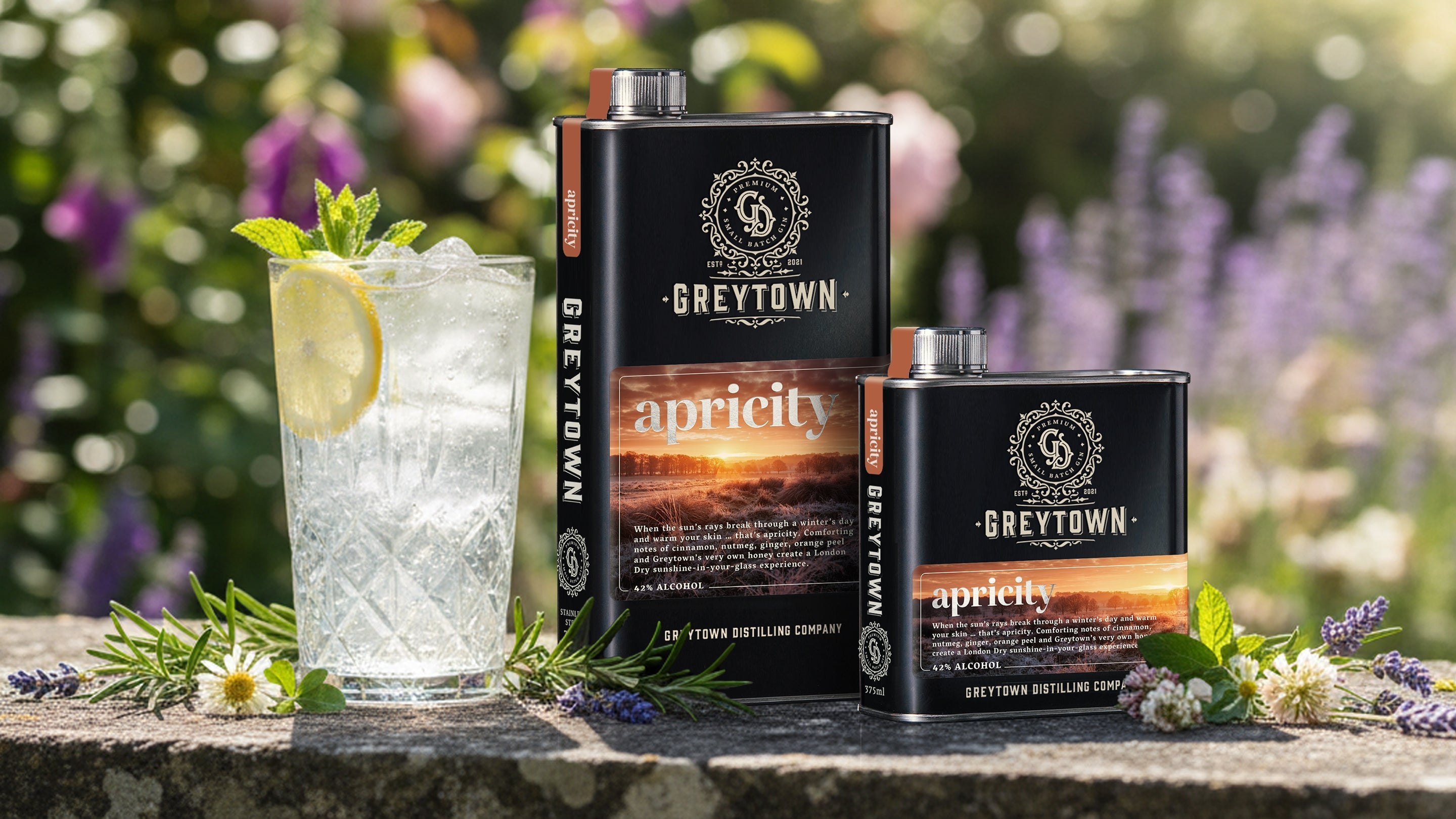 Greytown Distilling Co Apricity premium gin in 375ml and 750ml stainless steel flasks - buy New Zealand spirits online for your best cocktail recipes