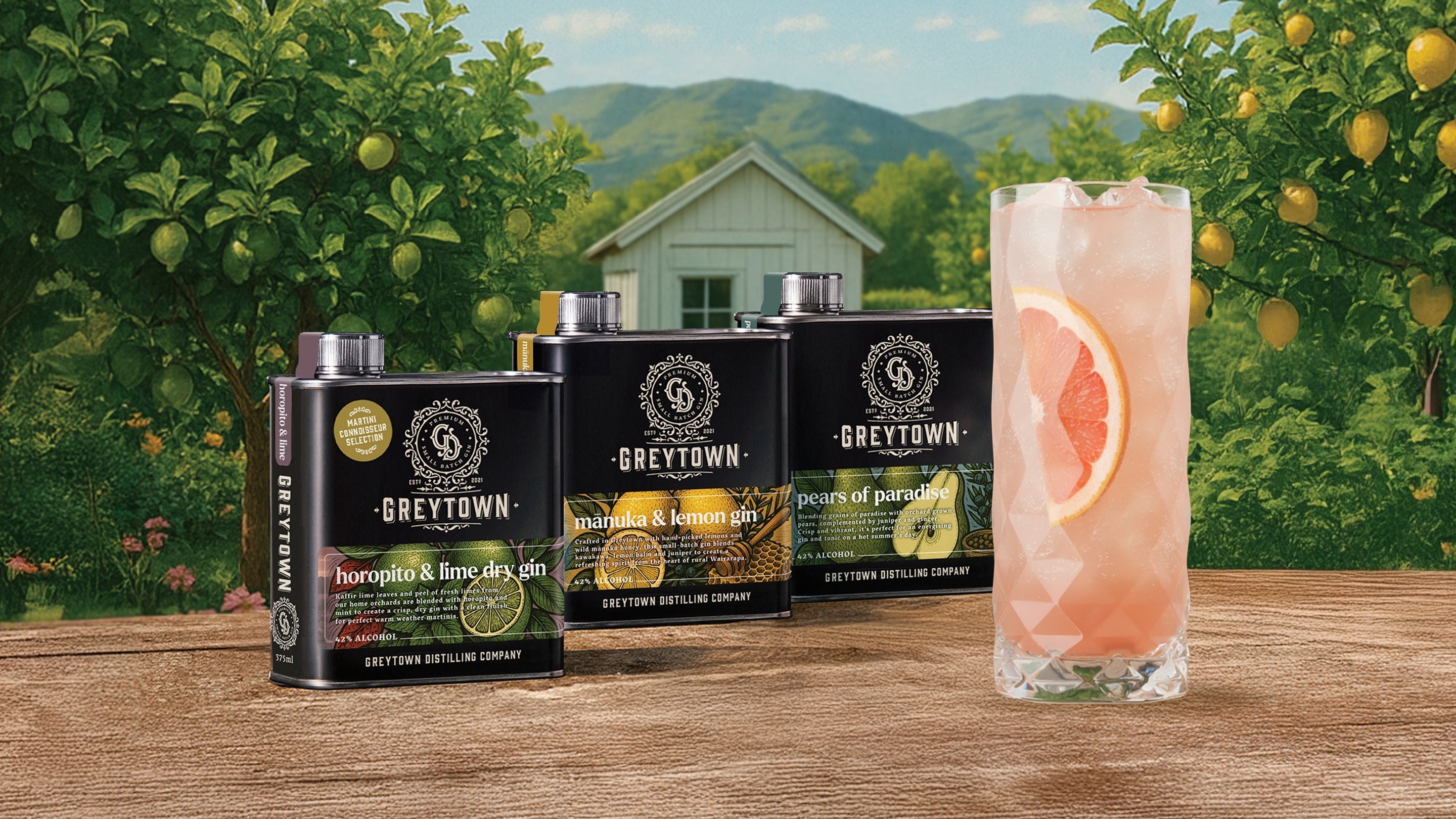 Greytown Distilling Co Orchard Grove Selection premium gin in 375ml steel flasks - buy New Zealand spirits online for your best cocktail recipes
