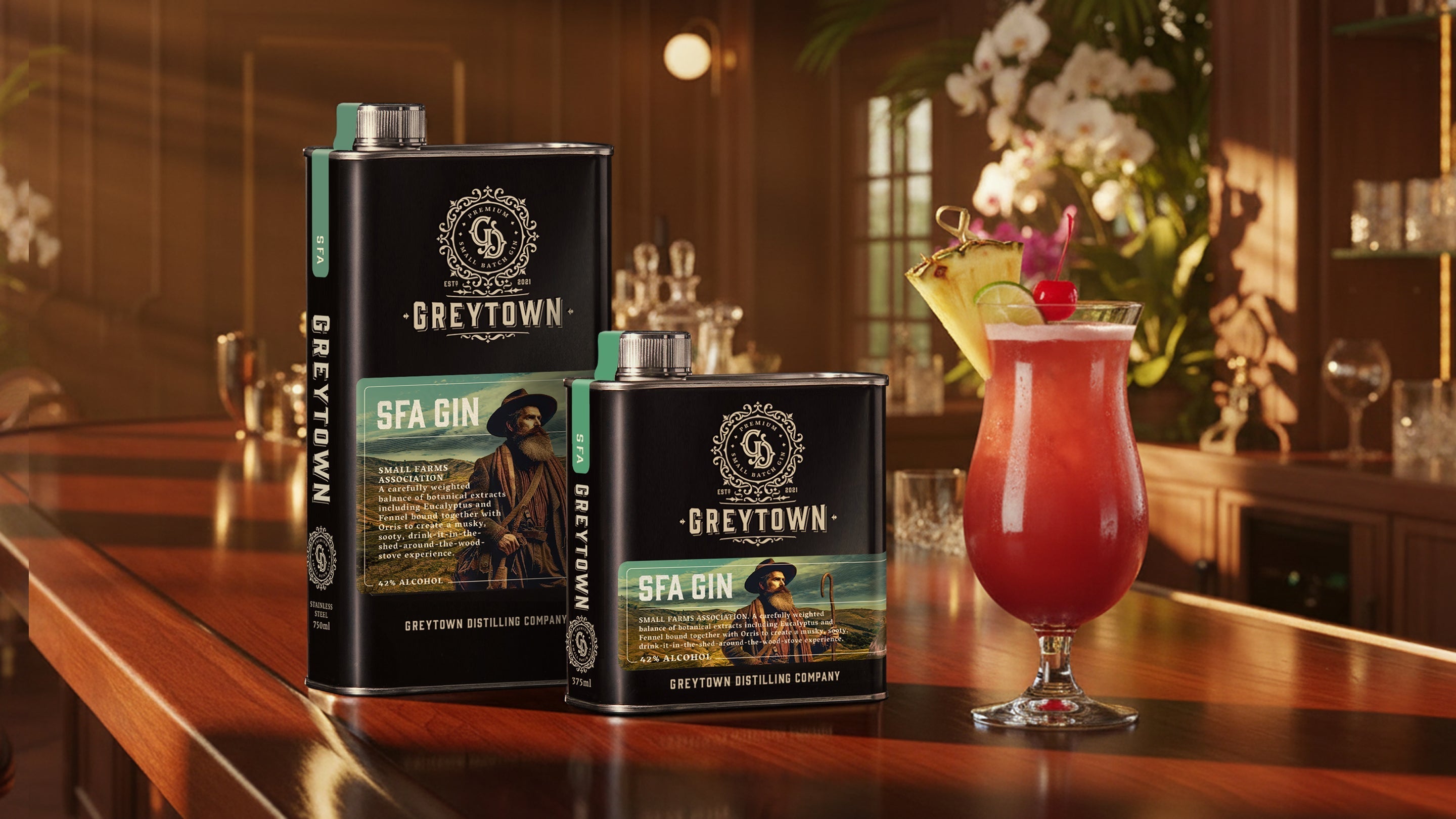 Greytown Distilling Co. Small Farms Association (SFA) premium gin in 375ml and 750ml stainless steel flasks - buy New Zealand spirits online for your best cocktail recipes 