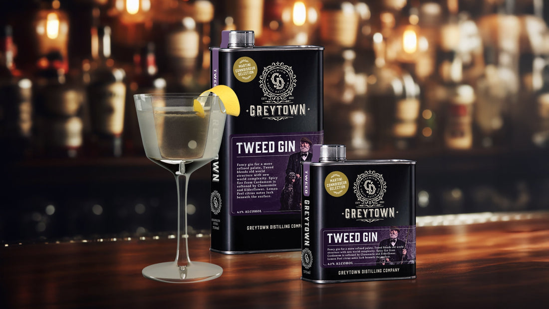 Greytown Distilling Co. Tweed Dry Martini Connoisseur premium gin in 375ml and 750ml stainless steel flasks - buy New Zealand spirits online for your best cocktail recipe