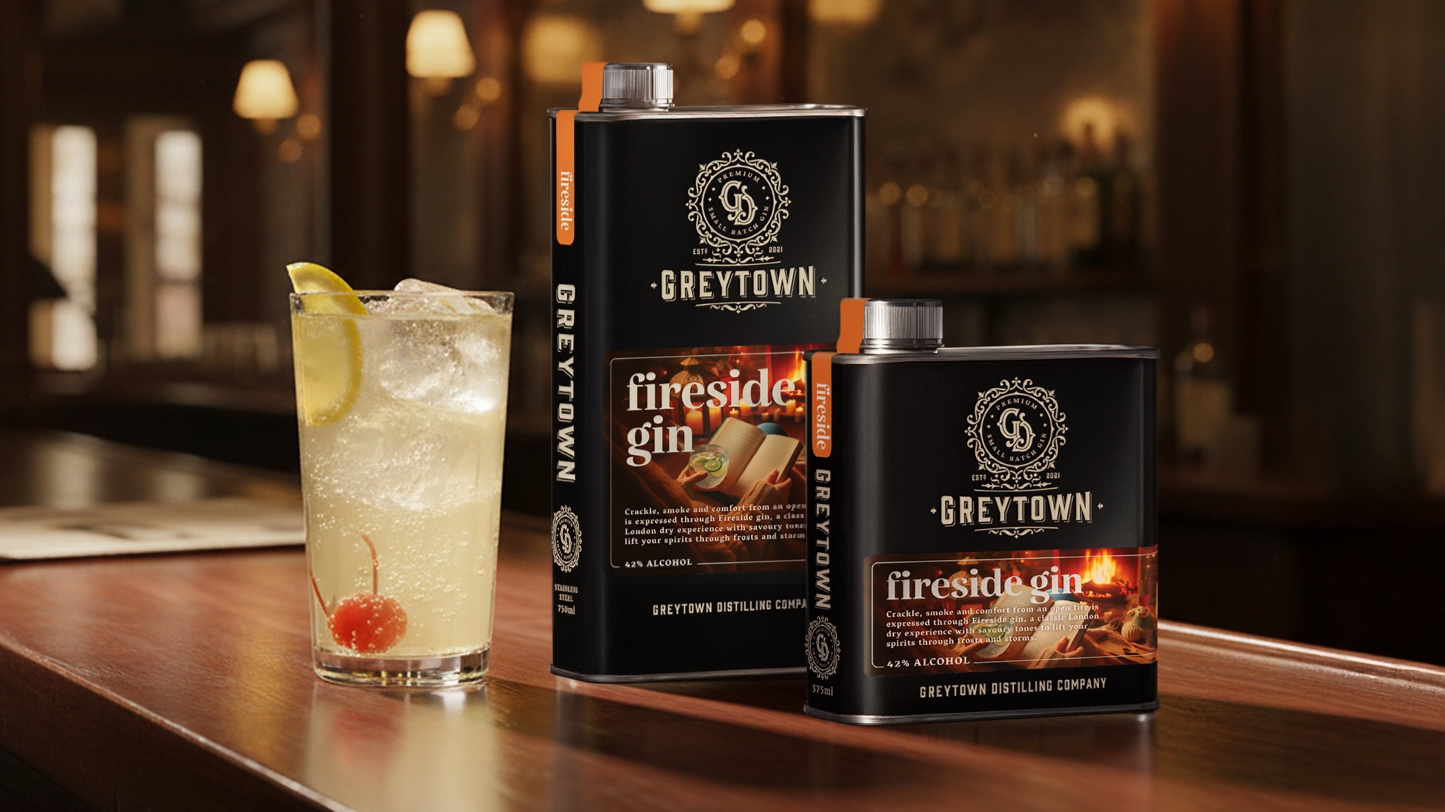 Greytown Distilling Co Fireside premium gin in 375ml and 750ml stainless steel flasks - buy New Zealand spirits online for your best cocktail recipes
