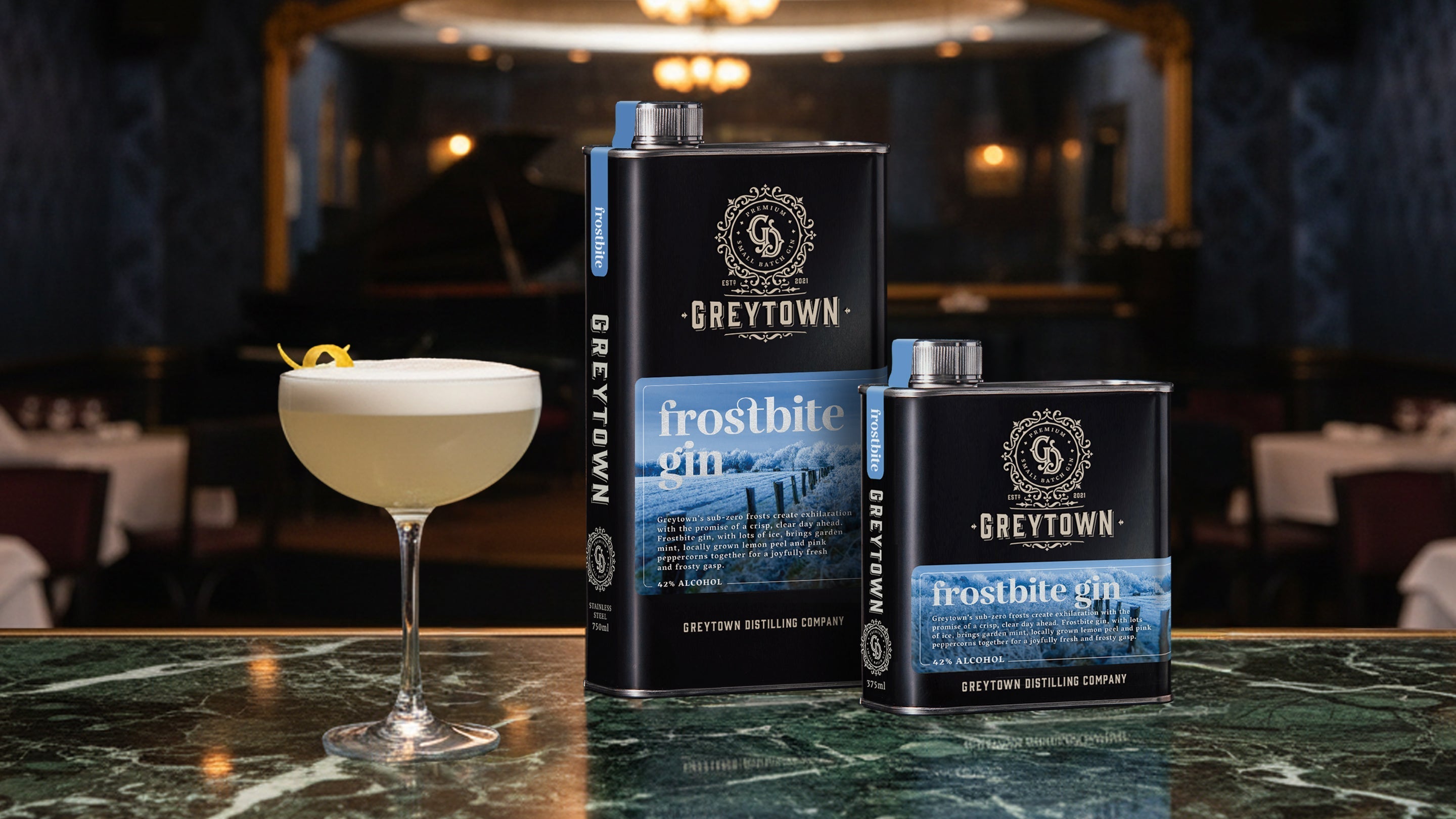 Greytown Distilling Co Frostbite premium gin in 375ml and 750ml stainless steel flasks - buy New Zealand spirits online for your best cocktail recipes
