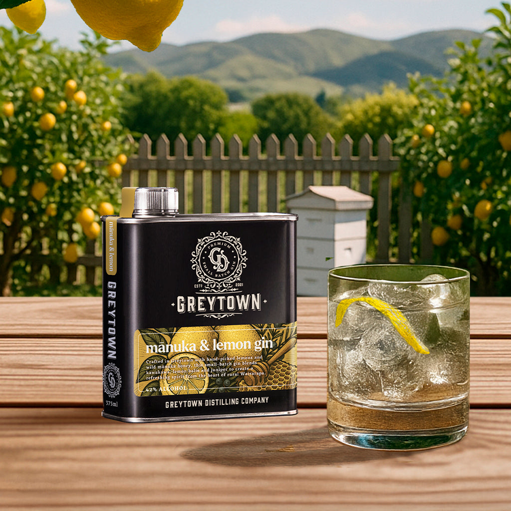 Greytown Distilling Co. Manuka and Lemon premium gin in a 375ml stainless steel flask, a sweet, earthy botanical gin, buy for the best gift and sip neat or enjoy in your favourite cocktail recipe