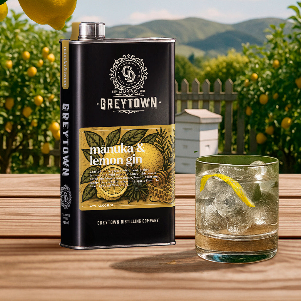 Greytown Distilling Co. Manuka and Lemon premium gin in a 750ml stainless steel flask, a sweet, earthy botanical gin, buy for the best gift and sip neat or enjoy in your favourite cocktail recipe
