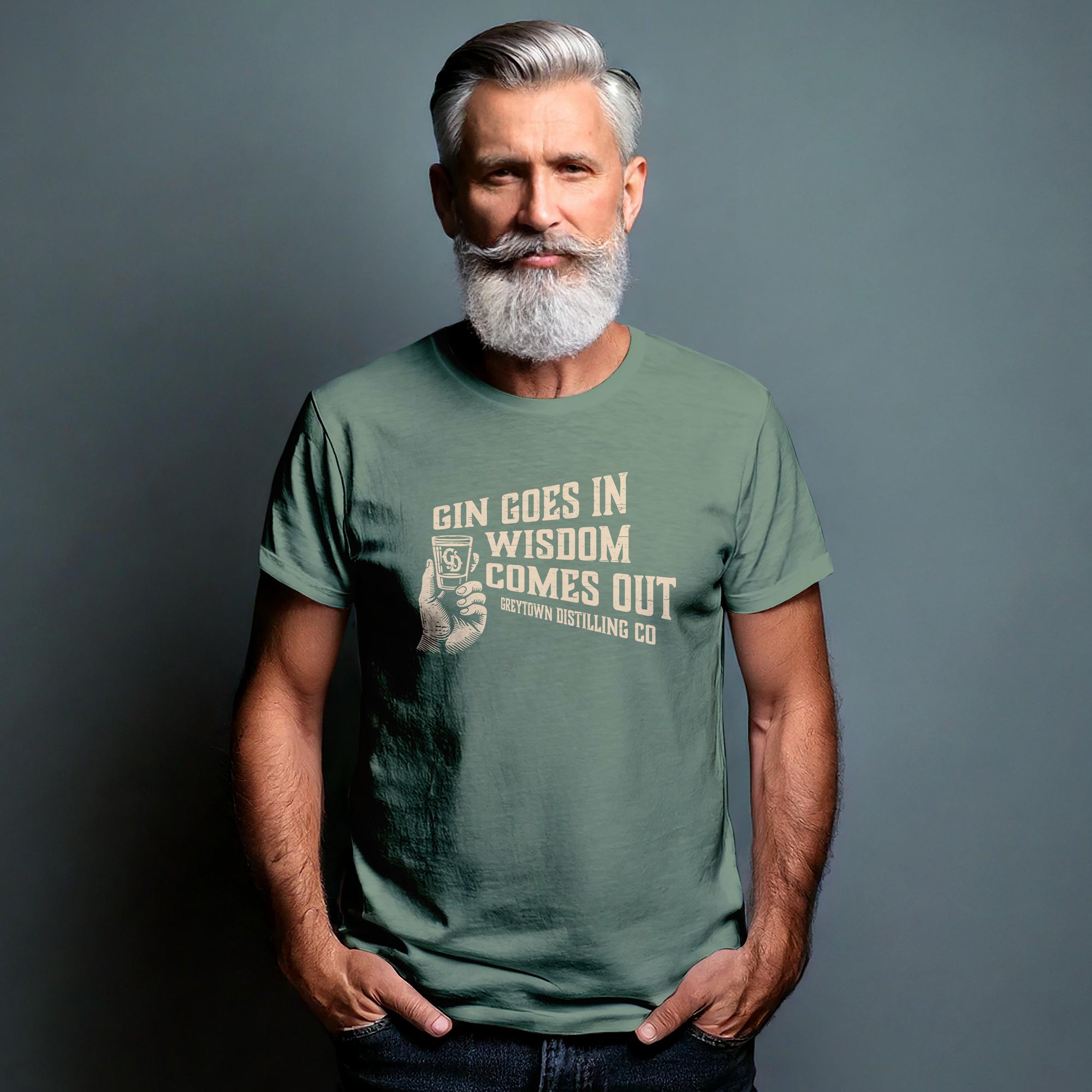 Greytown Distilling Co. premium gin t-shirt - Gin Goes In, Wisdom Comes Out. Buy online direct from the coolest gin distillery on the planet. 
