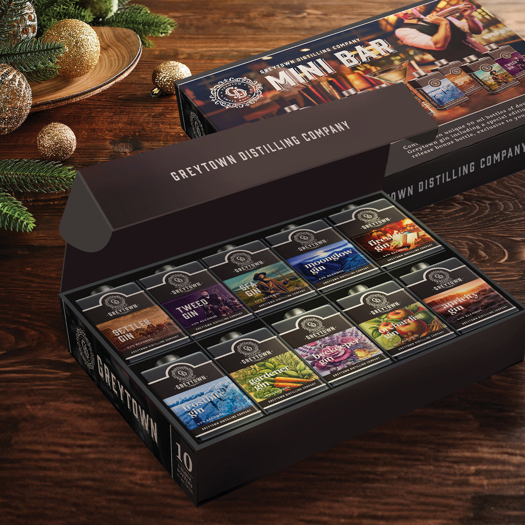 Greytown Distilling Co. ultimate gin gift box containing 10 unique bottles of premium New Zealand spirits, 900ml total, gin cocktail recipes - buy for the ideal gift