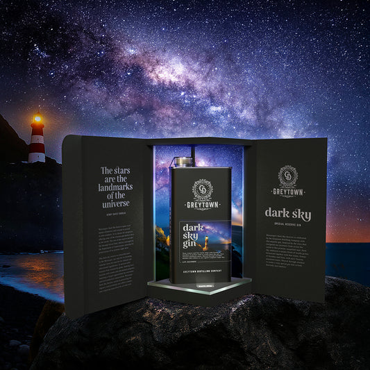 Greytown Distilling Co. Dark Sky Reserve premium gin, with tasting notes of star anise, grains of paradise, yuzu and lemon, in a 750ml stainless steel flask, gift-packaged in a very special collector’s case that lights up when opened.