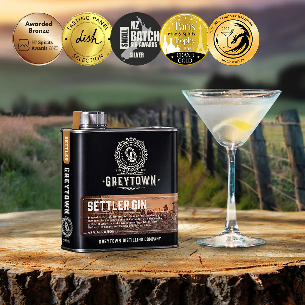 Greytown Distilling Co. Settler premium gin in a 375ml stainless steel flask is both spicy and earthy with a ginger and lemon zing – order gin online for a bountiful, botanical gin gift