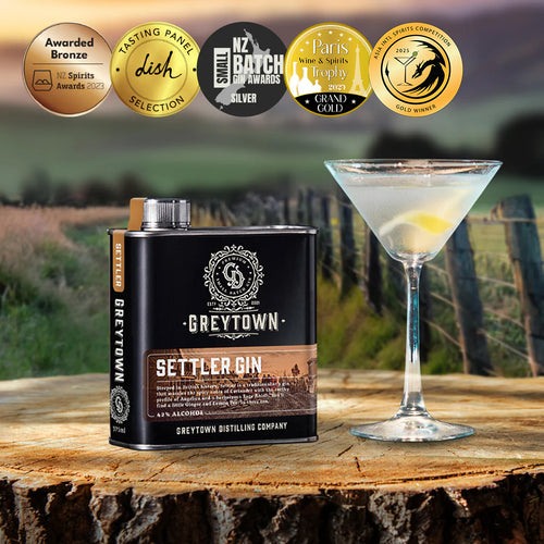 Greytown Distilling Co. Settler premium gin in a 375ml stainless steel flask is both spicy and earthy with a ginger and lemon zing – order gin online for a bountiful, botanical gin gift