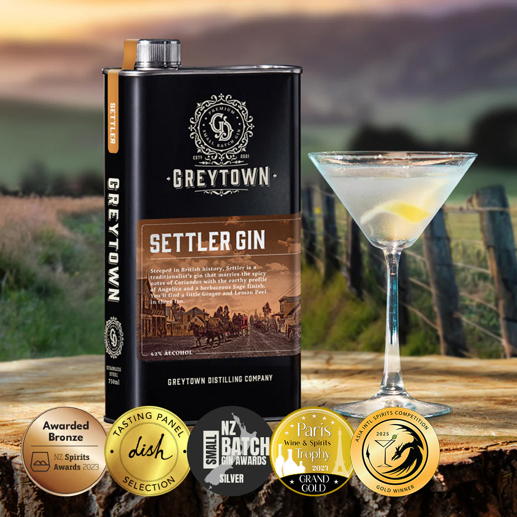 Greytown Distilling Co. Settler premium gin in a 750ml stainless steel flask is both spicy and earthy with a ginger and lemon zing – order gin online for a bountiful, botanical gin gift
