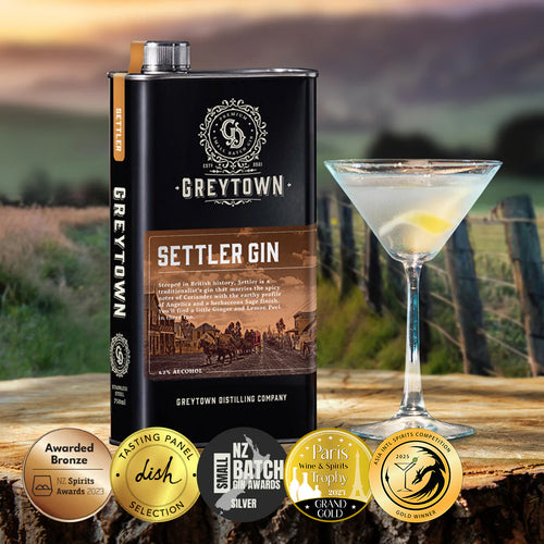 Greytown Distilling Co. Settler premium gin in a 750ml stainless steel flask is both spicy and earthy with a ginger and lemon zing – order gin online for a bountiful, botanical gin gift