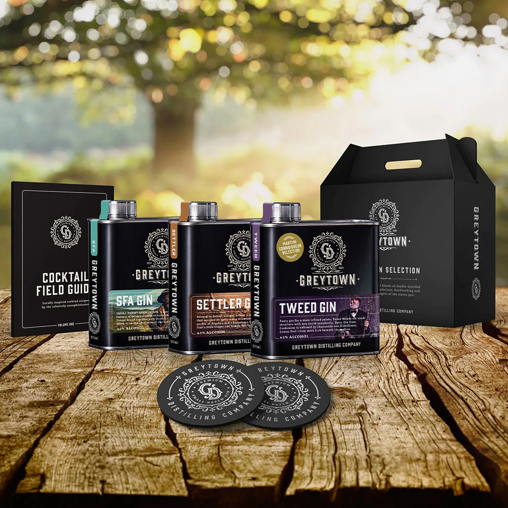 Greytown Distilling Co. The Groundbreaker Selection of premium gins in 375ml stainless steel flasks; Small Farms Association (SFA) gin, Settler gin and Tweed gin, break new ground when you buy this liquor selection as your next gift