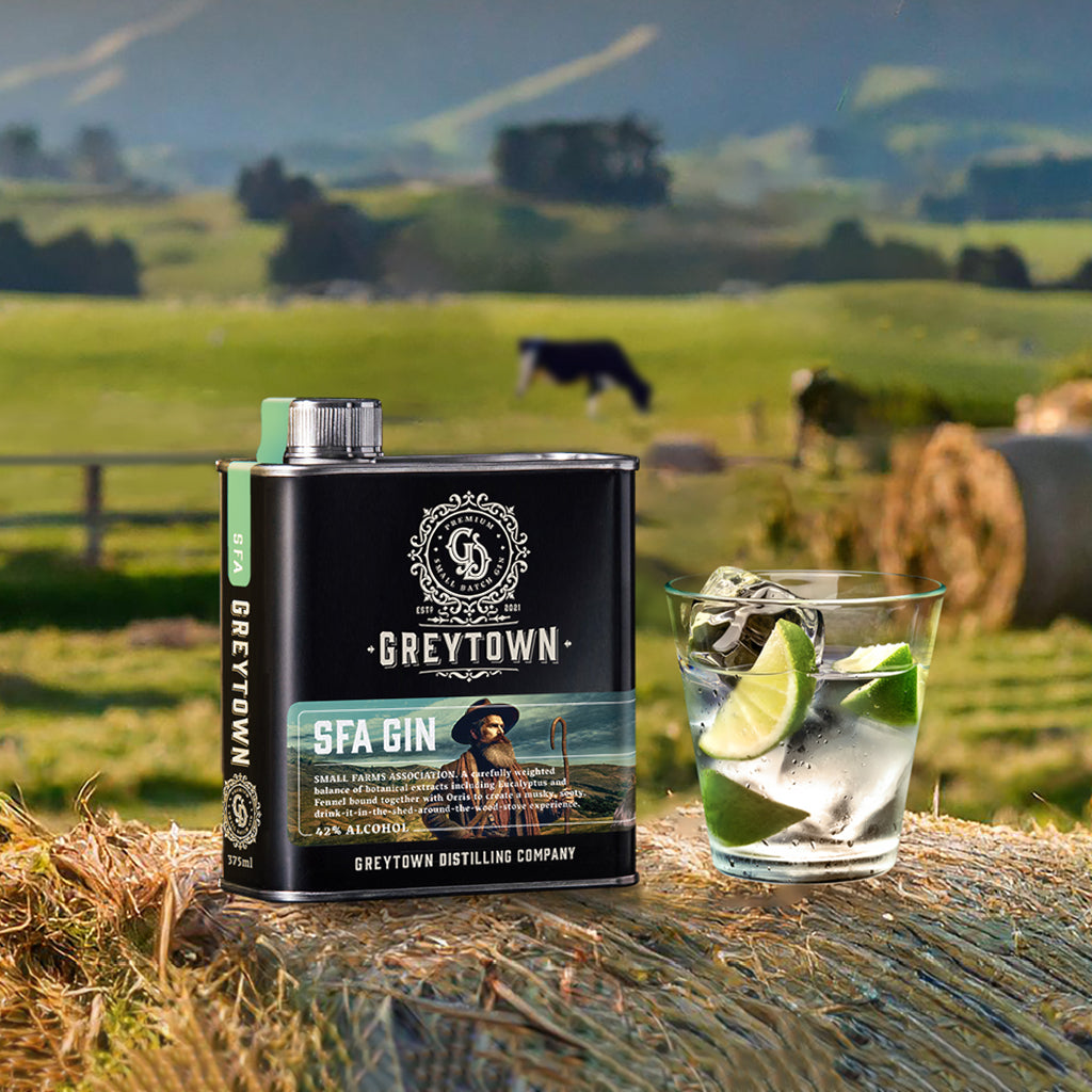 Greytown Distilling Co. Small Farms Association (SFA) premium gin in a 375ml stainless steel flask - get back to basics with this botanical gin or buy for your next gift to the down-to-earth folk we all know and love