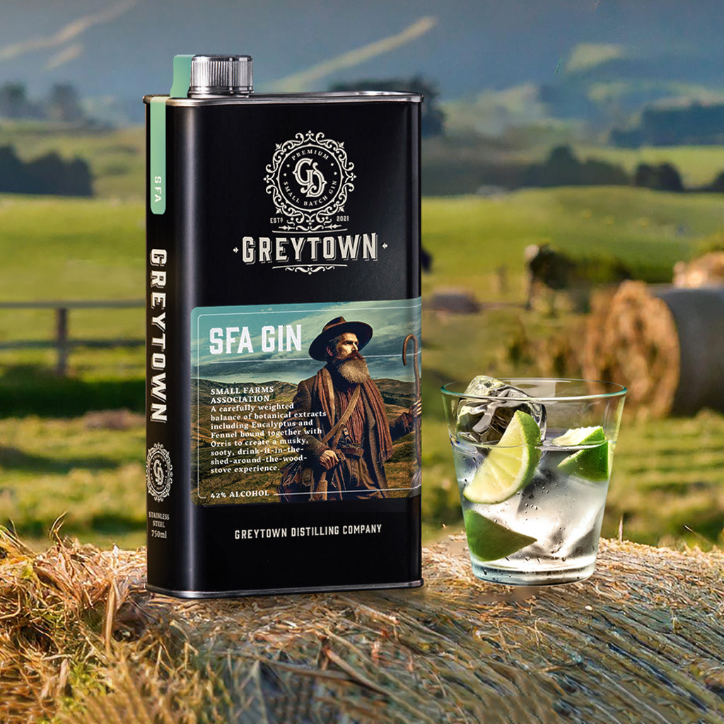 Greytown Distilling Co. Small Farms Association (SFA) premium gin in a 750ml stainless steel flask - get back to basics with this botanical gin or buy for your next gift to the down-to-earth folk we all know and love