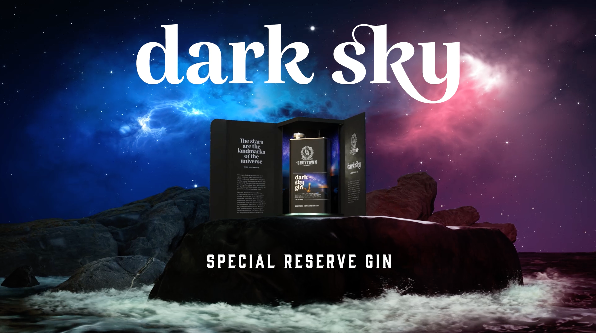 Greytown Distilling Co. Dark Sky Reserve premium gin, with tasting notes of star anise, grains of paradise, yuzu and lemon, in a 750ml stainless steel flask, gift-packaged in a very special collector’s case that lights up when opened.