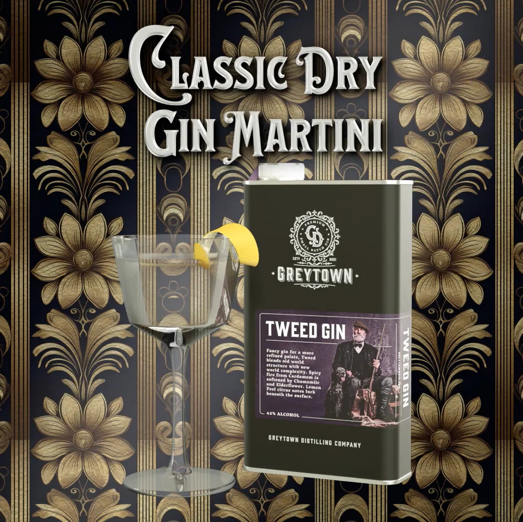 Greytown Distilling Co. best gin cocktail recipe for a Classic Dry Gin Martini with Tweed gin in a 750ml stainless steel flask – buy this luxurious liquor online or give the gift of gin to someone you love