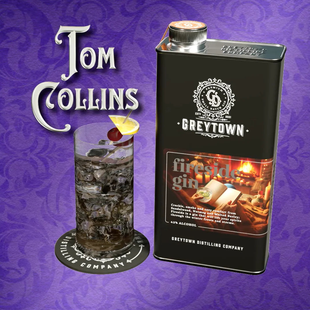 Greytown Distilling Co. best gin cocktail recipe for a Tom Collins Cocktail with Fireside gin in a 750ml stainless steel flask – buy this luxurious liquor online or give the gift of gin to someone you love