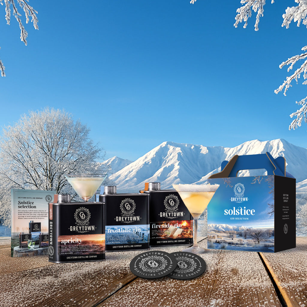 Greytown Distilling Co. The Solstice Selection of premium gins in 375ml stainless steel flasks; Frostbite gin, Fireside gin and Apricity gin help you weather the winter months and keep your New Zealand spirits high