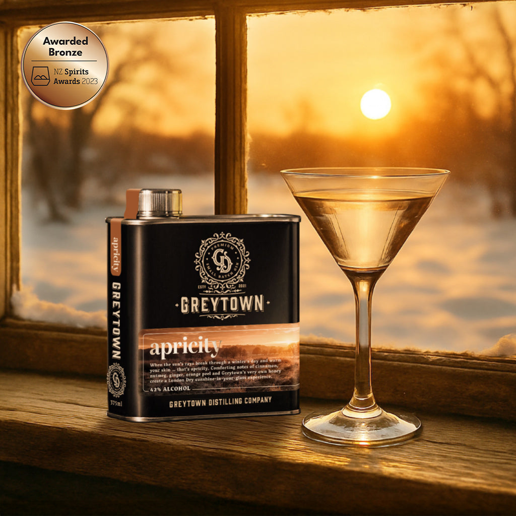 Greytown Distilling Co. Apricity premium gin in a 375ml stainless steel flask creates a London Dry gin to warm your spirits – buy online and give the gift of cinnamon, nutmeg, ginger, orange peel and honey in a liquor like no other
