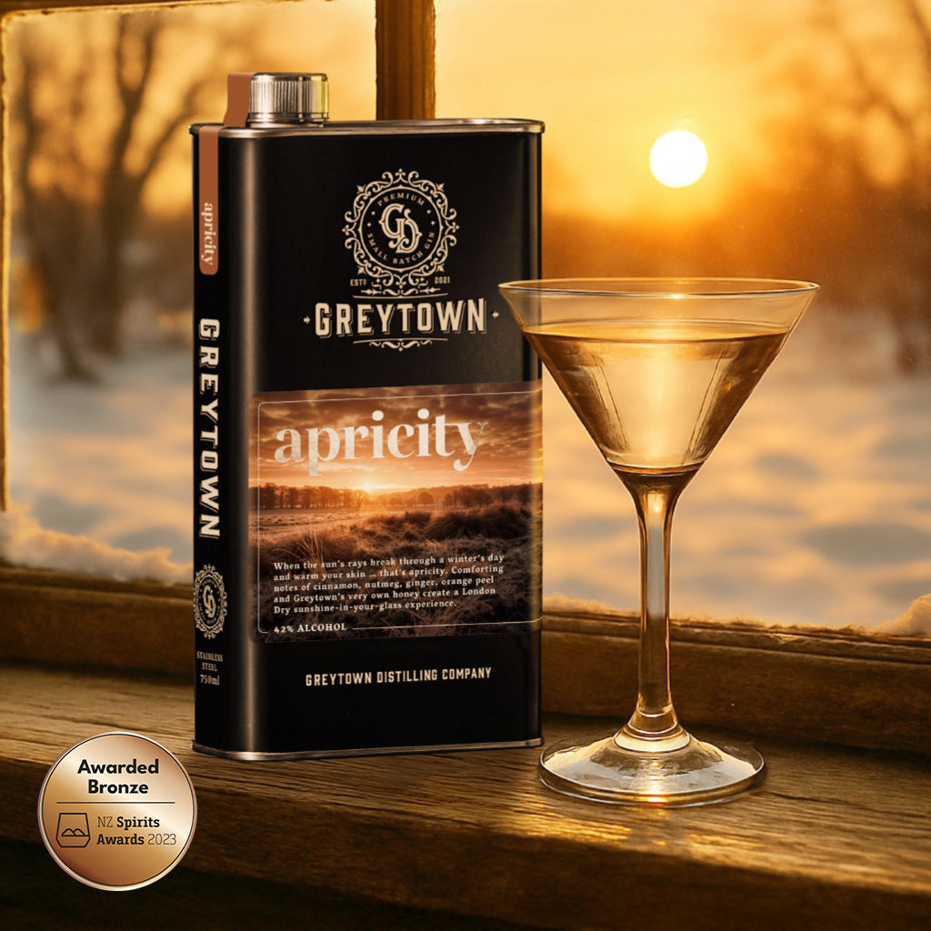 Greytown Distilling Co. Apricity premium gin in a 750ml stainless steel flask creates a London Dry gin to warm your spirits – buy online and give the gift of cinnamon, nutmeg, ginger, orange peel and honey in a liquor like no other