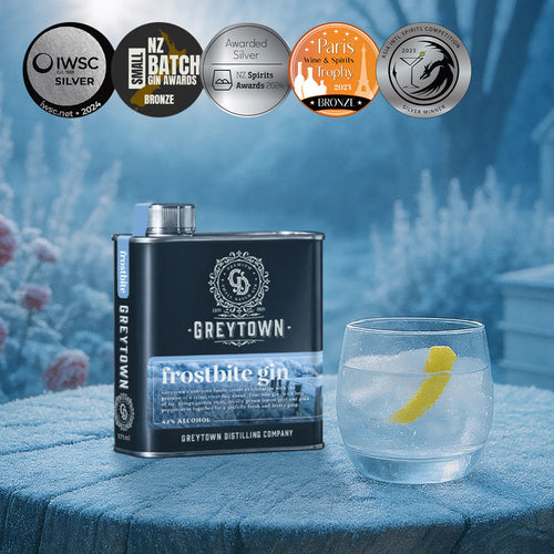 Greytown Distilling Co. Frostbite premium gin in a 375ml stainless steel flask; buy online and let peppercorn, mint and lemon warm you through winter in a dry martini or share this gin gift with your neighbours indoors