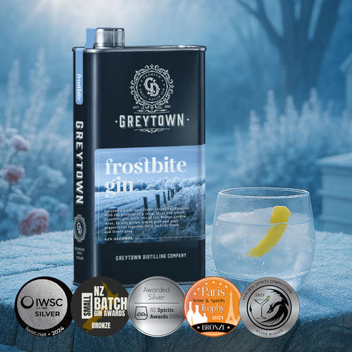 Greytown Distilling Co. Frostbite premium gin in a 750ml stainless steel flask; buy online and let peppercorn, mint and lemon warm you through winter in a dry martini or share this gin gift with your neighbours indoors