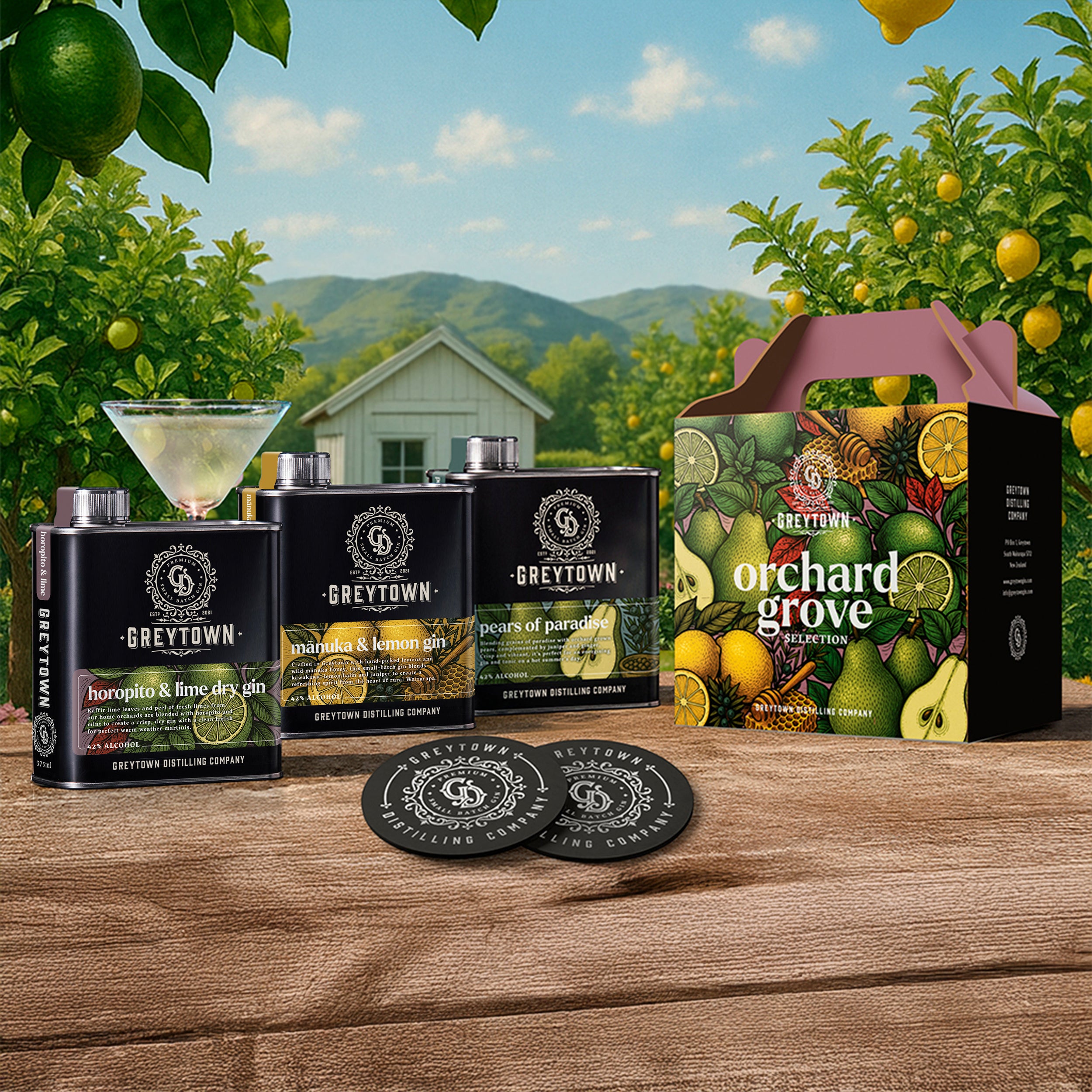 Greytown Distilling Co. Orchard Grove Edition three 375ml stainless steel flask premium gin gift box containing Manuka and Lemon, Pears of Paradise, and Horopito and Lime Dry, shop online and buy as a gift