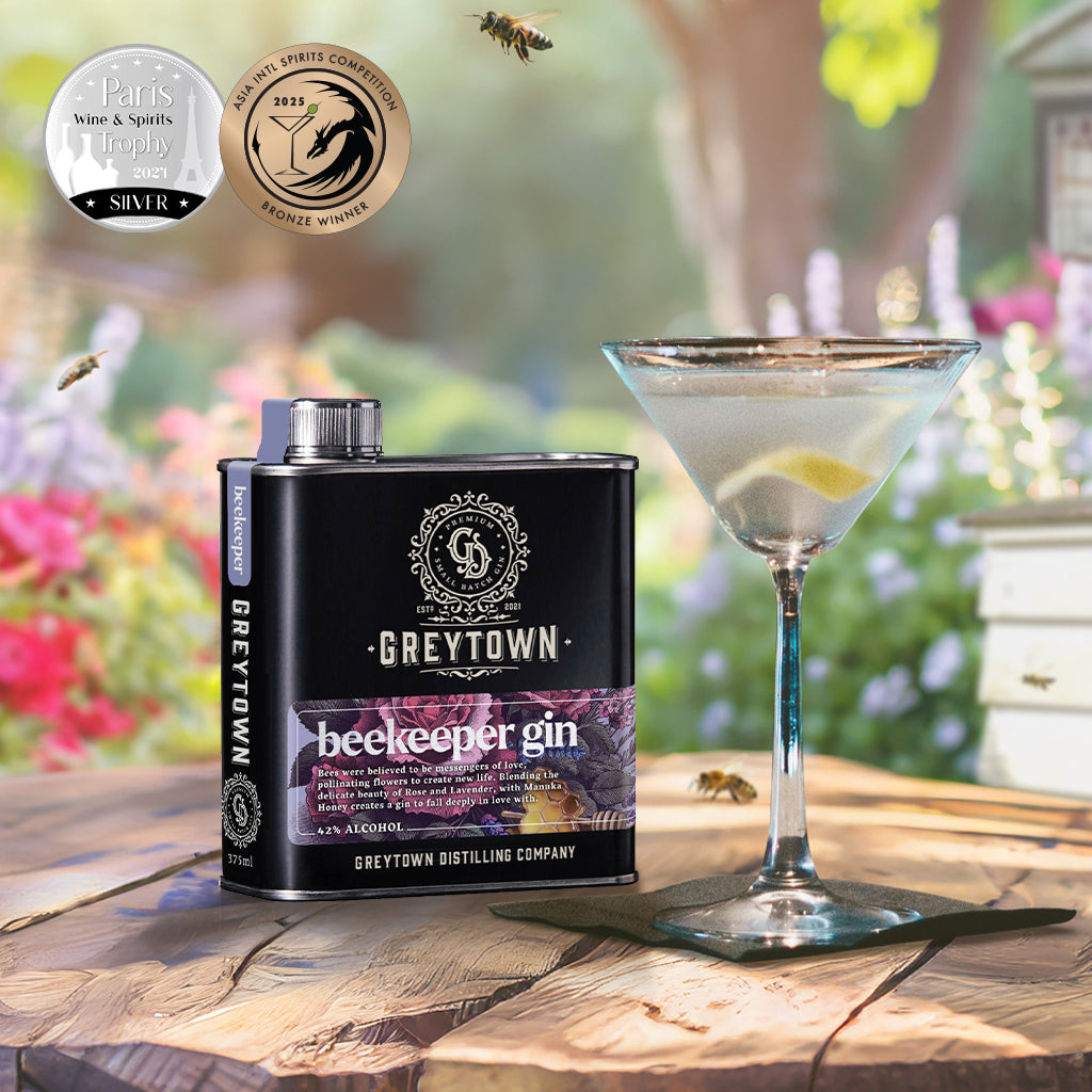 Greytown Distilling Co. Beekeeper premium gin in a 375ml stainless steel flask, buy this balanced botanical gin and enjoy in your favourite cocktail recipe or give the gift of New Zealand spirits