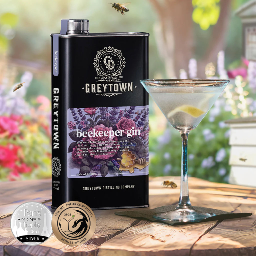 Greytown Distilling Co. Beekeeper premium gin in a 750ml stainless steel flask, buy this balanced botanical gin and enjoy in your favourite cocktail recipe or give the gift of New Zealand spirits