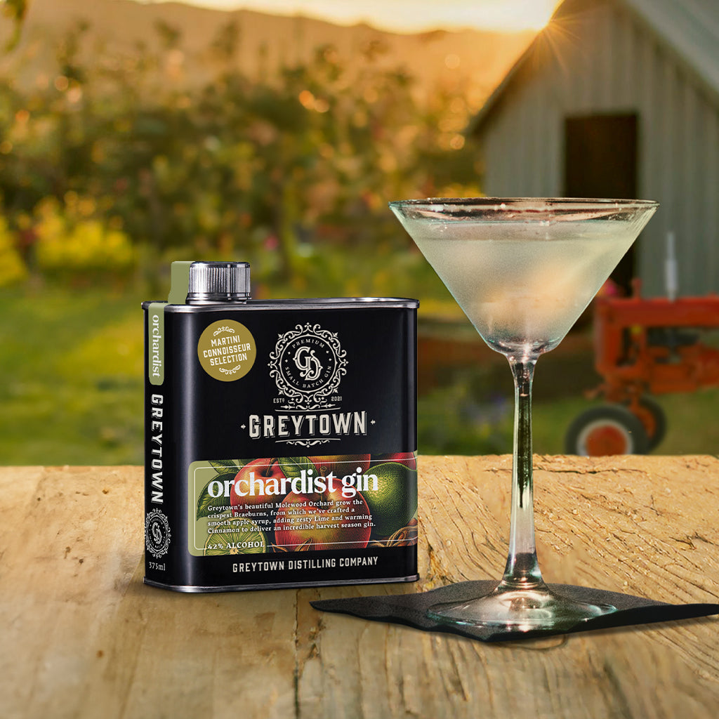 Greytown Distilling Co. Orchardist premium gin in a 375ml stainless steel flask makes the perfect dry martini with apple, cinnamon and limes adding an air of sophistication to your glass