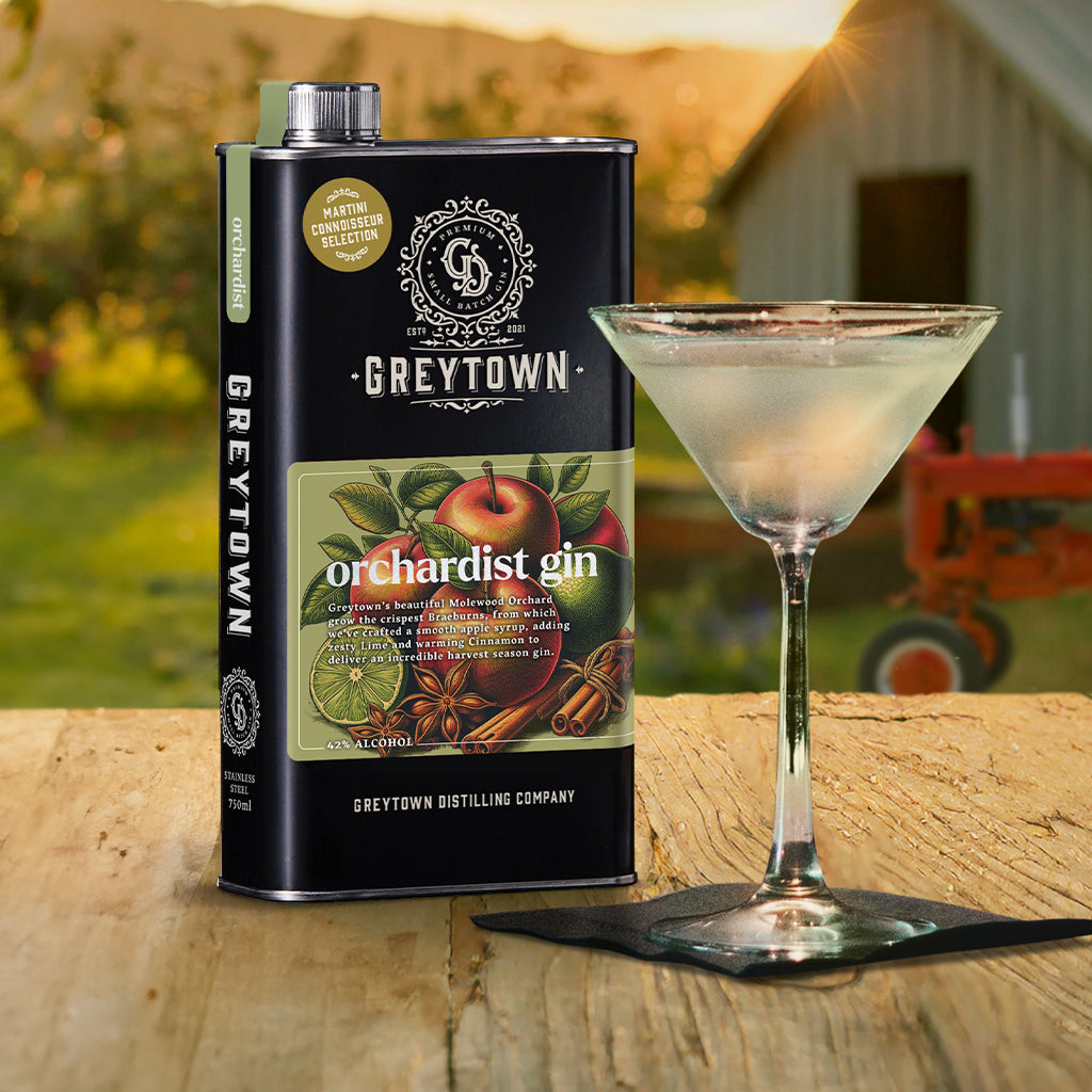 Greytown Distilling Co. Orchardist premium gin in a 750ml stainless steel flask makes the perfect dry martini with apple, cinnamon and limes adding an air of sophistication to your glass