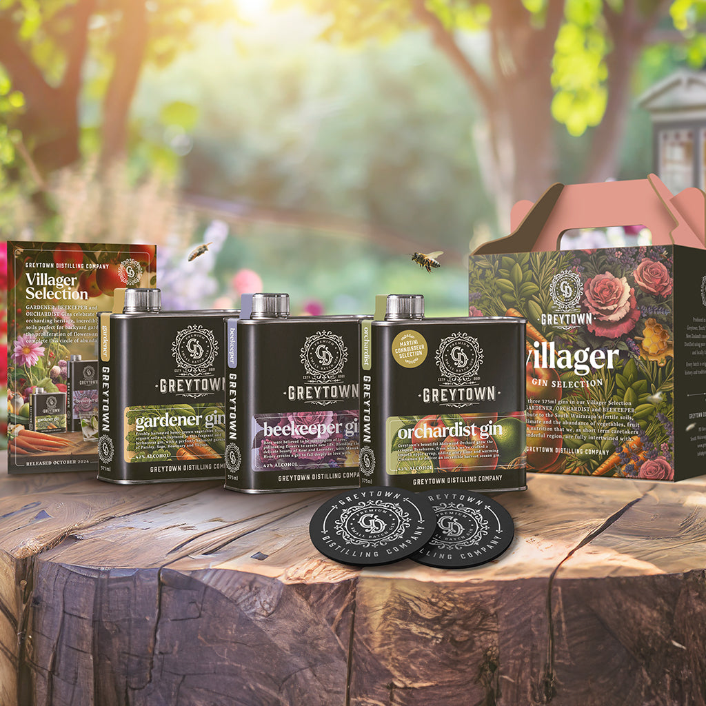 Greytown Distilling Co. The Villager Selection of premium gins in 375ml stainless steel flasks; Beekeeper gin, Gardener gin and Orchardist gin make the best buy for your next New Zealand liquor gift
